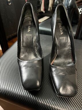 Prada Black Leather Square-Toe Pump Heel